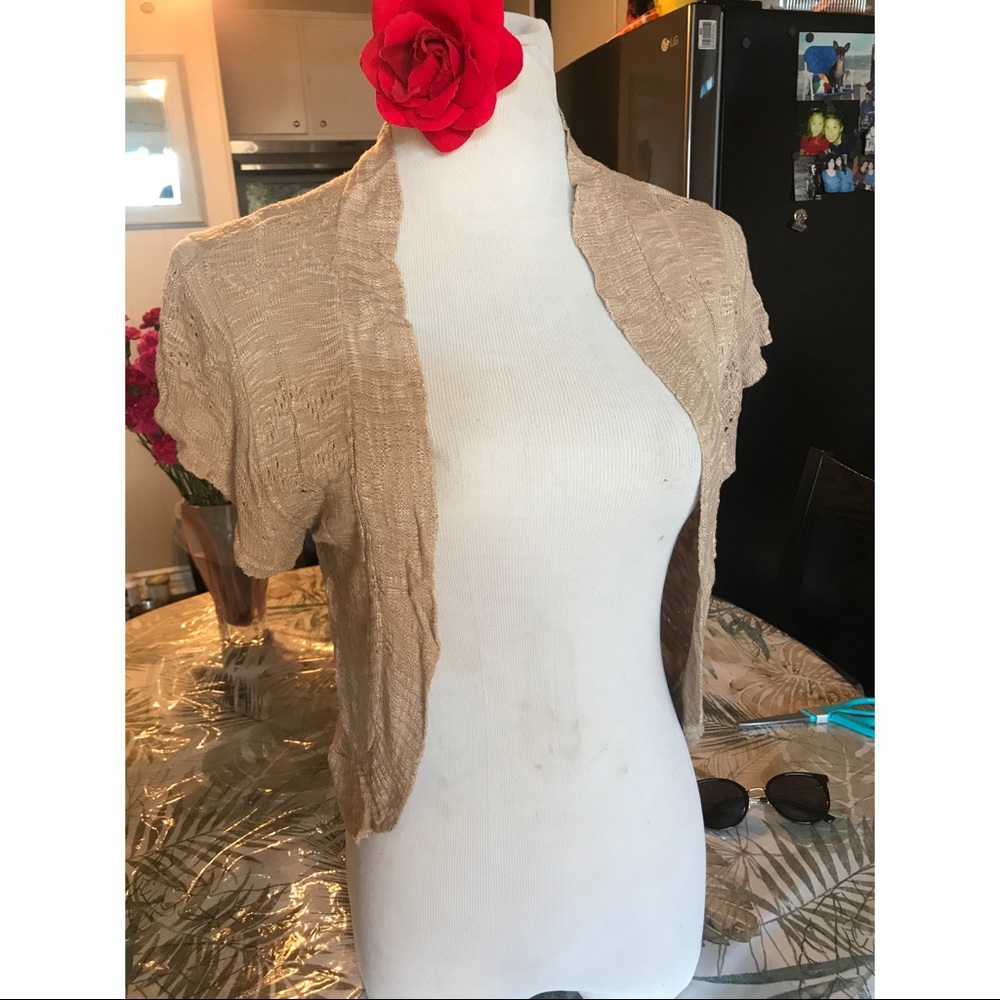 Tan, Short-Sleeve Cardigan